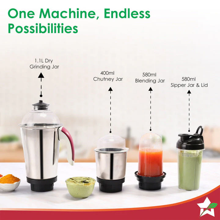 Acura Plus Mixer Grinder | 750W | 4 Jars for Blending, Dry Masala Grinding, Chutney Grinding, Smoothie | Sharp Stainless-Steel Blades | Grind Tough Ingredients | 5-Year Warranty on Motor - Image 4