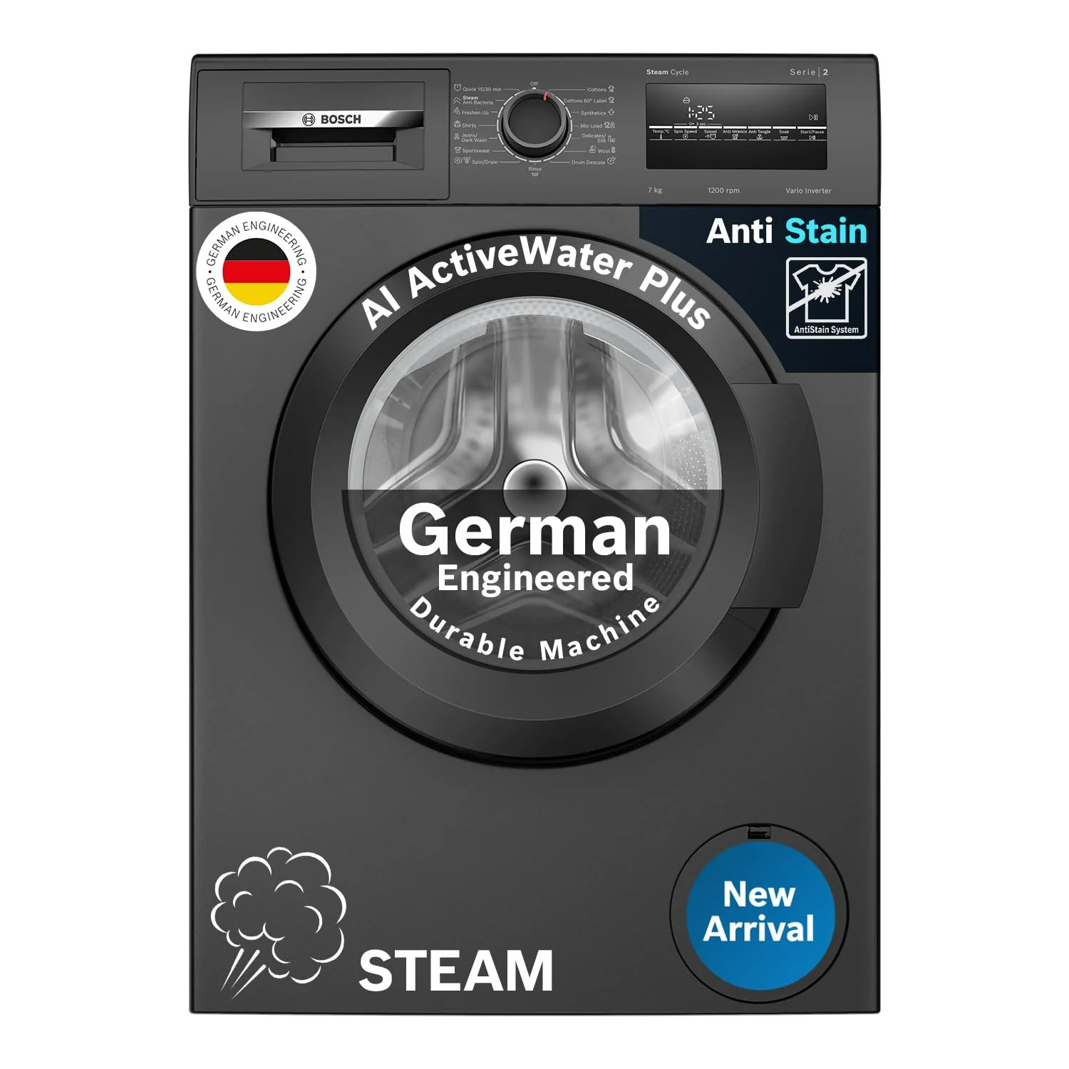 Bosch 7 kg, 5 Star, AI active water+, Anti-Wrinkle, Anti-Tangle, Anti Bacteria Steam, Fully-Automatic Front Loading Washing Machine (WAJ24266IN, In-Built Heater, Silver) - Image 14