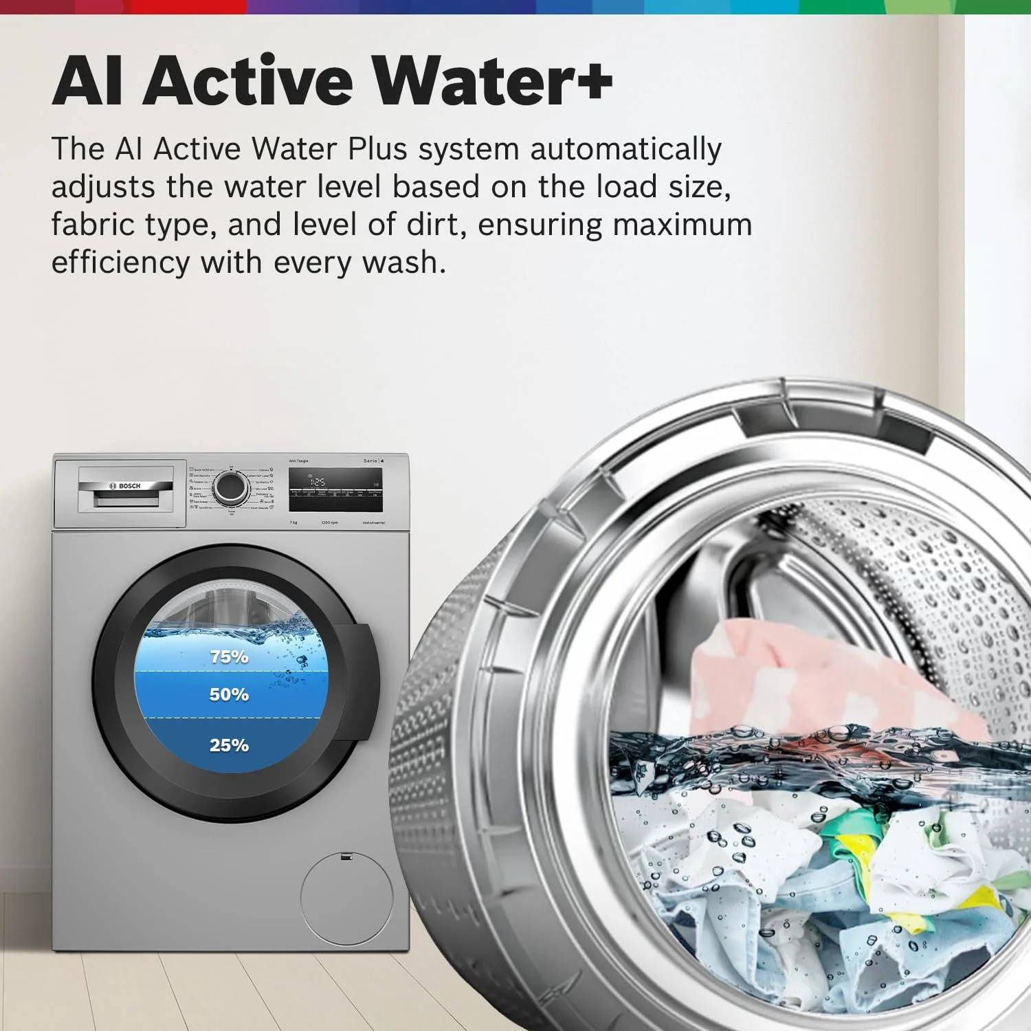 Bosch 7 kg, 5 Star, AI active water+, Anti-Wrinkle, Anti-Tangle, Anti Bacteria Steam, Fully-Automatic Front Loading Washing Machine (WAJ24266IN, In-Built Heater, Silver) - Image 6