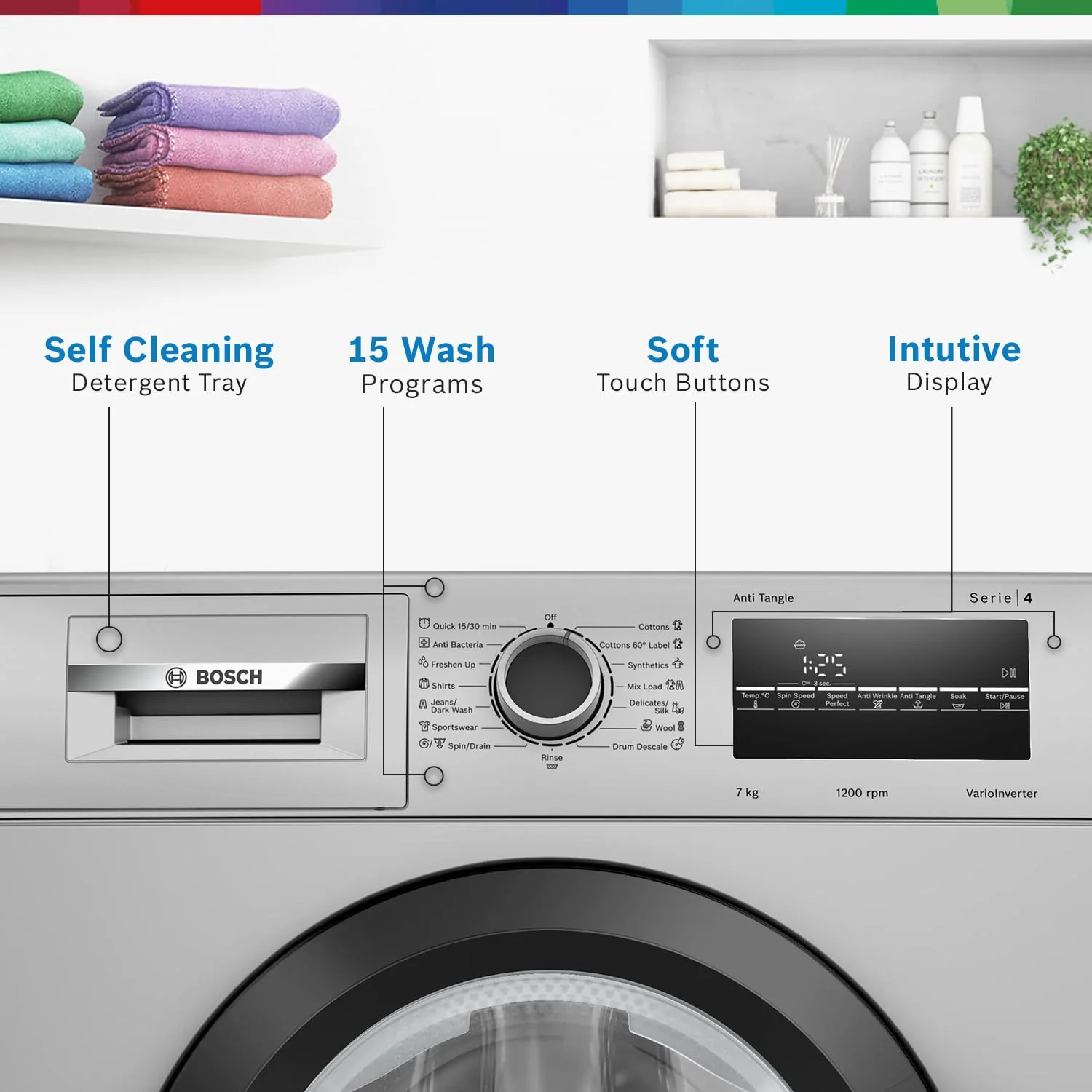 Bosch 7 kg, 5 Star, AI active water+, Anti-Wrinkle, Anti-Tangle, Anti Bacteria Steam, Fully-Automatic Front Loading Washing Machine (WAJ24266IN, In-Built Heater, Silver) - Image 7