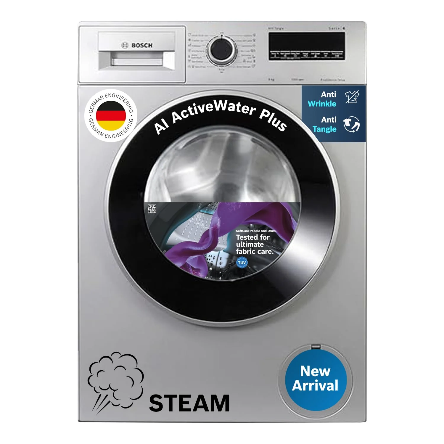 Bosch 8 kg, 5 Star, AI Active Water+, Anti-Tangle, Steam Anti Bacterial, Anti-Wrinkle Fully-Automatic Front Loading Washing Machine (WAJ2826BIN, In-Built Heater, Shiny Silver) - Image 15