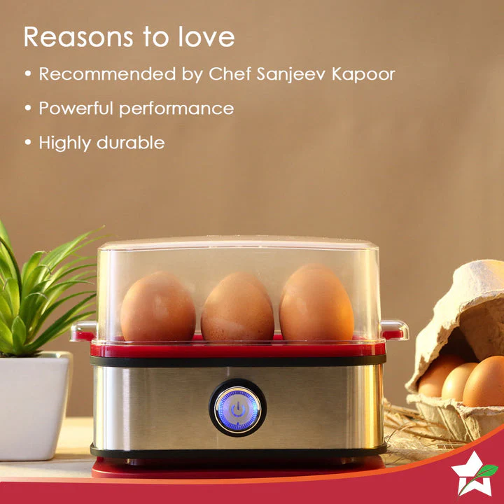 Crimson Edge Instant Electric Egg Boiler with 6 Egg Poachers|3 Boiling Modes, Soft, Medium, Hard| Auto Shut Off | Non-stick Egg Rack, Transparent Lid, Stainless Steel Body & Heating Plate, Steamer Rack| Alarm| Overheat Protection | Red| 2 Year Warranty - Image 4