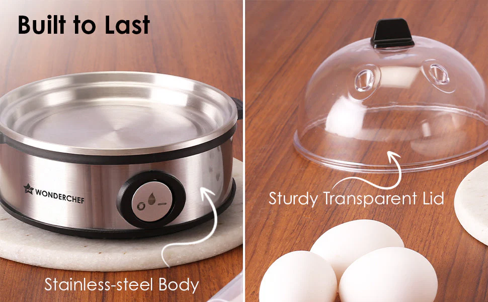 Essenza Instant Egg Boiler | 7 Poachers | 350 W | Stainless Steel Cool-touch Body | Auto Shut-off | Steaming Rack, Measuring Cup with Piercing Pin, Glass Lid with Steam Vent | 2-Year Warranty - Image 15