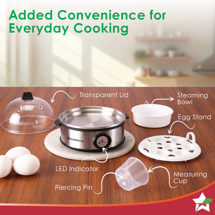 Essenza Instant Egg Boiler | 7 Poachers | 350 W | Stainless Steel Cool-touch Body | Auto Shut-off | Steaming Rack, Measuring Cup with Piercing Pin, Glass Lid with Steam Vent | 2-Year Warranty - Image 4