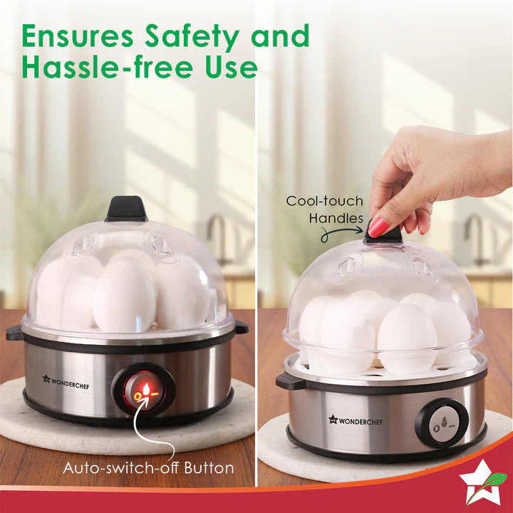 Essenza Instant Egg Boiler | 7 Poachers | 350 W | Stainless Steel Cool-touch Body | Auto Shut-off | Steaming Rack, Measuring Cup with Piercing Pin, Glass Lid with Steam Vent | 2-Year Warranty - Image 5